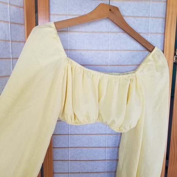 KOURT Revolve Enza Yellow Off Shoulder Puff Long Sleeve Crop Top Small - Picture 3 of 8